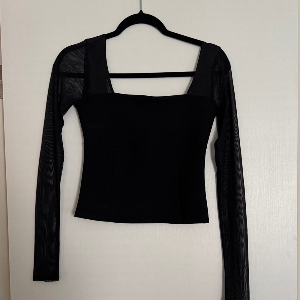 Abercrombie & Fitch Black Square Neck Mesh-Sleeve Top